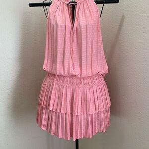 Current Air Solid Split Ruffle Neck Sleeveless Pleated Tiered Mini Dress